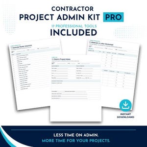 Puede incluir: Un kit de administración de proyectos para contratistas con 17 herramientas profesionales. El conjunto de documentos incluye una lista de verificación de estimaciones, un formulario de admisión de clientes y proyectos, y una hoja de materiales y mano de obra.