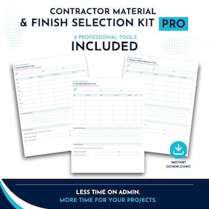 Può includere: Un kit di selezione materiali e finiture per appaltatori Pro che include 8 strumenti professionali. Il set di documenti contiene moduli bianchi per vernici, pavimenti e mobili da cucina con testo e linee blu, oltre a un'icona di download.