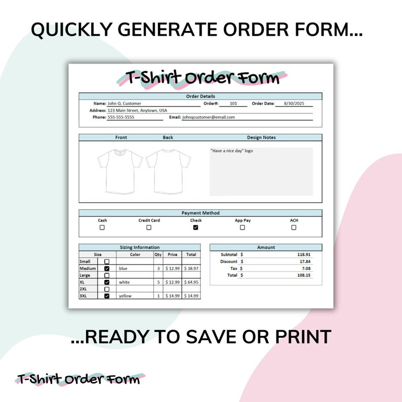 T-shirt Order Form Template: Editable Excel With PDF Generator - Etsy