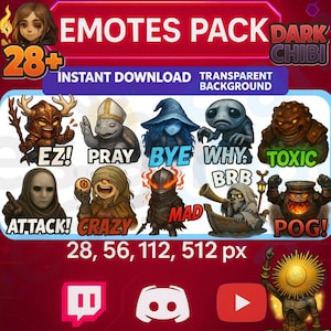 Pack de emoticonos de Elden Ring: más de 29 iconos PNG para Twitch y Discord. Emoticonos de fantasía oscura para suscriptores. Descarga instantánea. Estilo chibi.