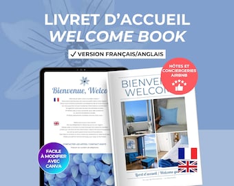 Opuscolo di benvenuto Airbnb per case vacanze, modello di benvenuto modificabile Canva, guida per l'alloggio degli ospiti in francese e inglese