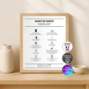 Op de afbeelding: Een ingelijste checklist getiteld "CHECK-OUT" in het Frans, met zwarte pictogrammen en tekst. Het frame is van licht hout. De checklist bevat instructies voor het verlaten van een huurwoning. Een tweetalige versie is beschikbaar.