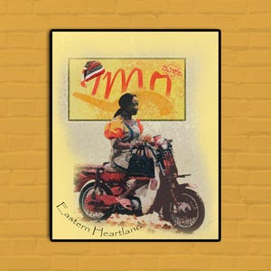 May include: An artistic print featuring a person riding a red scooter. The person is wearing a colorful outfit and a head covering. The background includes a yellow sign with red text and the words "Eastern Heartland".