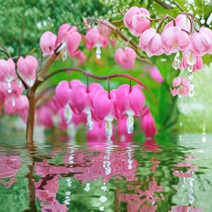 May include: A close-up of pink bleeding heart flowers with heart-shaped petals and white tips, hanging from brown stems. The flowers are reflected in the water, creating a mirrored effect. The background is a soft green.
