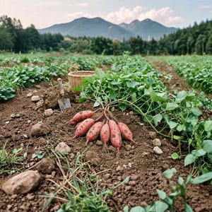 May include: A cluster of freshly harvested sweet potatoes with reddish-brown skin and green vines, resting on dark soil in a field. A small shovel and a woven basket are nearby, with a backdrop of green foliage and mountains.