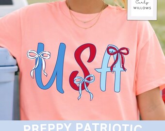 USA Bow PNG, Preppy Patriotic Shirt Design, Coquette Fourth of July Graphic, Americana Sublimation File