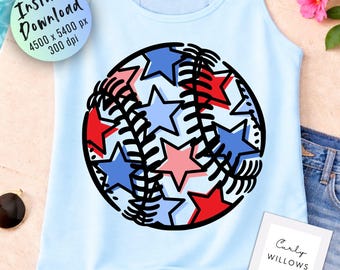 Patriotic Baseball PNG, Red White Blue Baseball Design, USA Softball PNG, 4th of July Shirt Graphic, Game Day Sublimation File