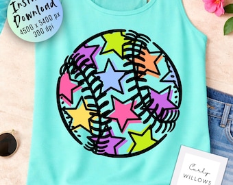 Neon Baseball PNG, Star Baseball Design, Softball PNG, Kids Baseball Shirt Design, Game Day Graphic, Sublimation File