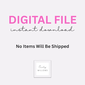 May include: A light background with the text "DIGITAL FILE instant download" in pink and black. Below, the text "No Items Will Be Shipped" is in black. A small framed logo for "Curly Willows" is at the bottom.