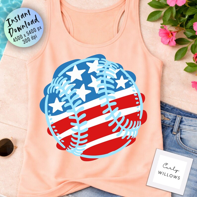 May include: Peach-colored tank top featuring a baseball design with a patriotic theme. The baseball graphic incorporates the American flag's colors: red and white stripes, blue with white stars. The words "Instant Download" are in a circle at the top left.