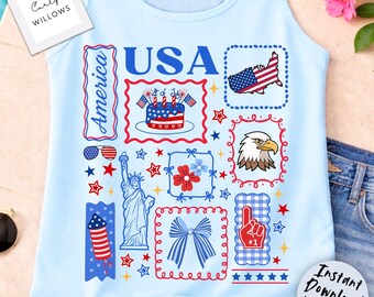Coquette Patriotic USA PNG, Fourth of July Patchwork Shirt Design, Preppy Americana Graphic, July 4th Sublimation File
