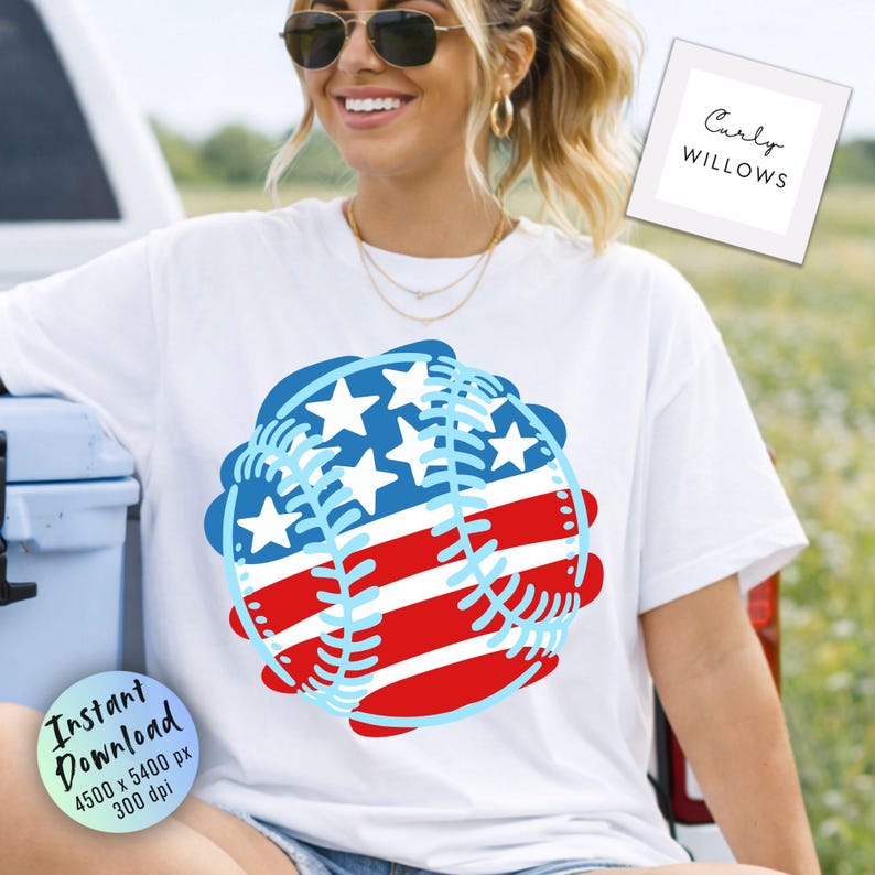 May include: White t-shirt featuring a baseball design with a patriotic theme. The design incorporates red and white stripes, blue with white stars, and light blue stitching details. The shirt has the text "Instant Download".