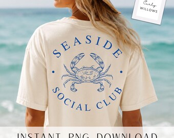 Seaside Social Club PNG, Coastal Crab Shirt Design, Nautical Beach Vacation Graphic, Summer Sublimation File