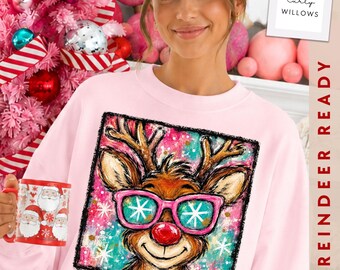 Christmas Reindeer PNG, Cute Reindeer PNG, Pink Christmas PNG, Preppy Holiday Shirt Design, Rudolph Inspired png, Xmas Sublimation