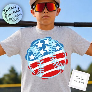 May include: A gray t-shirt featuring a baseball design with red and white stripes and blue stars, resembling the American flag. The shirt has the text "Instant Download" and "Curly Willows" on the image.