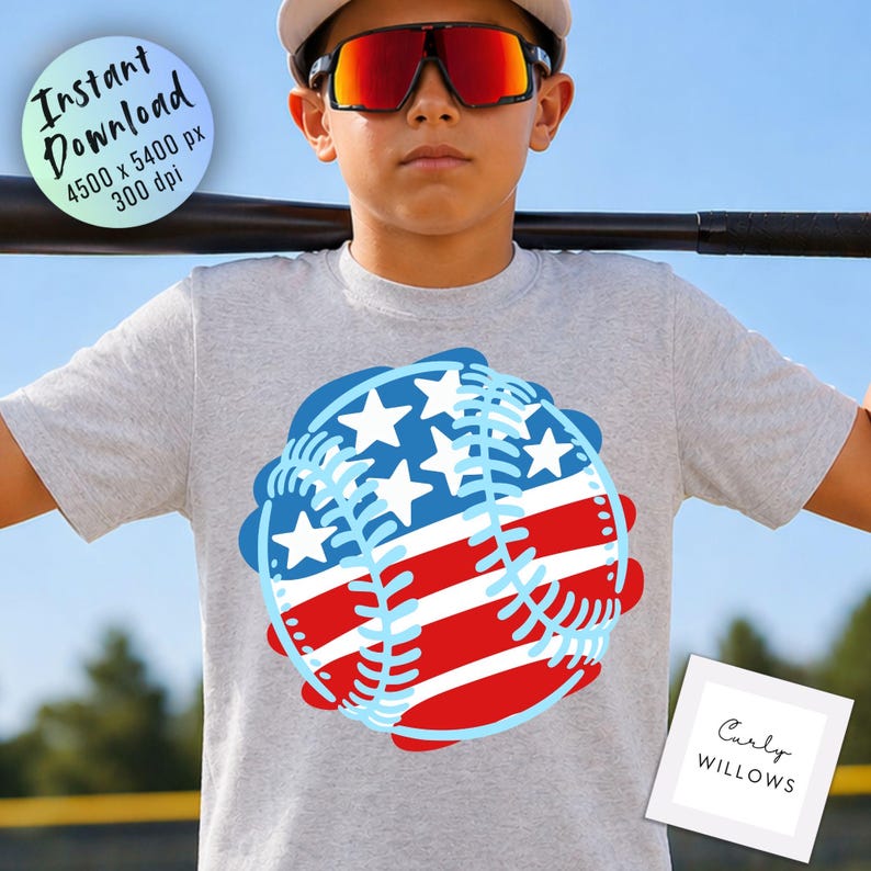 May include: A gray t-shirt featuring a baseball design with red and white stripes and blue stars, resembling the American flag. The shirt has the text "Instant Download" and "Curly Willows" on the image.