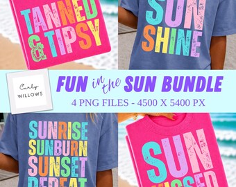 Summer Shirt PNG Bundle, Sun Kissed Graphic Tee Design, Beach Vacation Shirts, Tanned and Tipsy, 4 PNG Sublimation Files