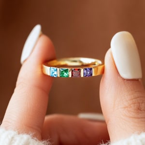 Anpassad fyrkantig familjefödelsestensring, guldarmband, personlig 1-8 familjefödelsestensring, mors ring, födelsedagspresent till mamma mormor