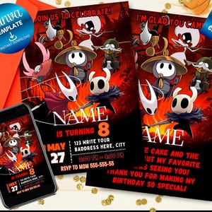 Puede incluir: Invitación a una fiesta de cumpleaños con un tema de personajes de dibujos animados con el texto "NAME IS TURNING 8". La invitación incluye la fecha, la hora y la información de RSVP. Un smartphone muestra el mismo diseño. También se incluye una tarjeta de agradecimiento.