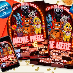 Puede incluir: Plantilla de invitación de fiesta de cumpleaños con personajes de dibujos animados, el texto "NAME HERE" y "IS TURNING 6". El diseño incluye globos, un escenario y las palabras "JOIN US TO CELEBRATE!" y "I'M GLAD YOU CAME!"