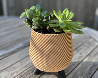 May include: A small, light brown planter with a spiral design, holding two green succulents. The planter sits on three black legs and is placed on a wooden surface. The plants have various shades of green.