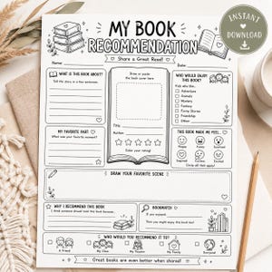 Reading Response Worksheet for Kids, Book Review Card, Book Recommendation Activity, Homeschool Printable, Kids Book Report Template
