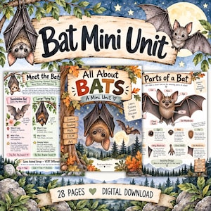 Könnte beinhalten: Ein digitales Lehrmaterial mit dem Titel Bat Mini Unit, bestehend aus drei Seiten mit Fledermaus-Illustrationen, Texten zur Anatomie, Arten wie der Hummelfledermaus und dem Großen Flughund sowie Aktivitäten zu Wissenschaft, Mathe und Kunst.