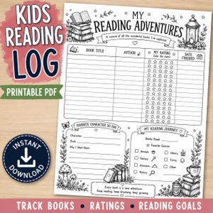 May include: A black and white printable reading log sheet titled My Reading Adventures. It features a table for book titles, authors, star ratings, and dates finished, plus sections for favorite characters, reading journeys, and genre checkboxes.