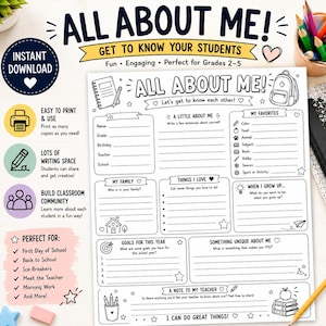 May include: A black and white printable All About Me worksheet for students featuring sections for personal details, favorites, family, goals, and future aspirations. The layout includes line prompts, icons like a backpack and books, and decorative stars.