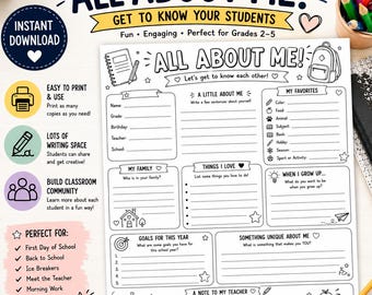May include: A black and white printable All About Me worksheet for students featuring sections for personal details, favorites, family, goals, and future aspirations. The layout includes line prompts, icons like a backpack and books, and decorative stars.