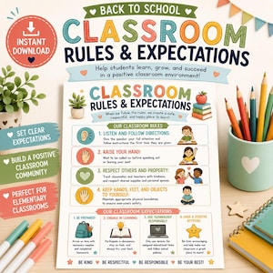 May include: A printable classroom rules and expectations poster featuring colorful text, illustrations of children, and icons. The document outlines four rules and four expectations, including instructions to listen, raise hands, and be prepared for school.