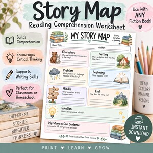 May include: A Story Map reading comprehension worksheet featuring sections for characters, setting, problem, beginning, middle, end, and solution. The page includes illustrations of a bear, rabbit, house, book, signpost, mountain, and lightbulb with text.