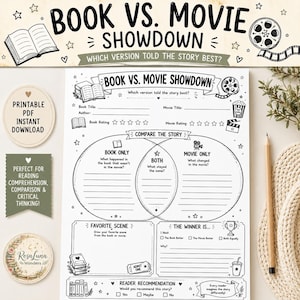 Op de afbeelding: Een wit printbaar werkblad getiteld Book vs. Movie Showdown met zwarte lijntekeningen. Het bevat secties voor boek- en filmtitels, beoordelingen, een Venn-diagram om verhalen te vergelijken, een tekenvak voor scènes en een winnaarssectie.