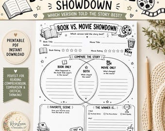 May include: A white printable worksheet titled Book vs. Movie Showdown with black line art illustrations. It features sections for book and movie titles, ratings, a Venn diagram to compare stories, a favorite scene drawing box, and a winner section.