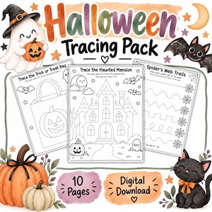May include: A Halloween Tracing Pack digital download featuring 10 pages of black and white activity sheets. The sheets include Trace the Trick or Treat Bag, Trace the Haunted Mansion, and Spider's Web Trails with dotted lines for tracing.