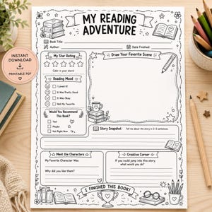 May include: A white printable reading log sheet titled My Reading Adventure with black line art illustrations of books, a trophy, and stars. The form includes sections for book title, author, star rating, mood, character analysis, and a drawing space.