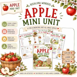 May include: An Apple Mini Unit educational resource set featuring worksheets, vocabulary reviews, and life cycle diagrams. The design includes red apple illustrations, a wooden basket, and text labels like Science, Literacy, Math, and Explore Learn Create.