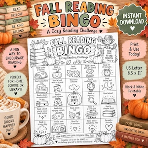May include: A black and white printable Fall Reading Bingo card featuring a grid of reading challenges, pumpkin illustrations, and autumn leaves. The text includes Fall Reading Bingo, A Cozy Reading Challenge, and various reading prompts.