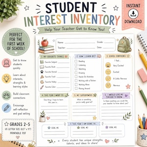 May include: A printable student interest inventory worksheet featuring sections for name, grade, teacher, and date. The document includes numbered prompts about favorite things, learning styles, school confidence, goals, and personal strengths.
