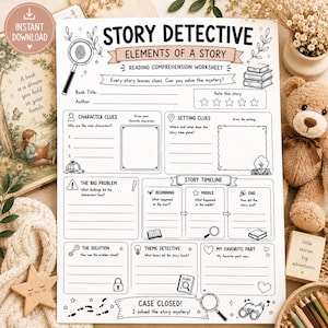 Reading Comprehension Worksheet for Kids, Book Report Activity, Story Elements Graphic Organizer, Literacy Printable, Book Review