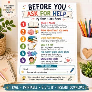 May include: A white educational poster titled BEFORE YOU ASK FOR HELP... Try these steps first! featuring six numbered steps with icons including a book, brain, lightbulb, stack of books, notepad, puzzle pieces, and a child, plus a TRY SAYING section.