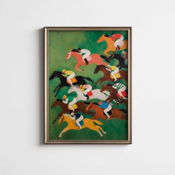 Retro vintage wanddecoratie jockeys en renpaarden • Modernistische gewaagde kunstprint paardensport • Ingelijste/ingelijste muurkunst