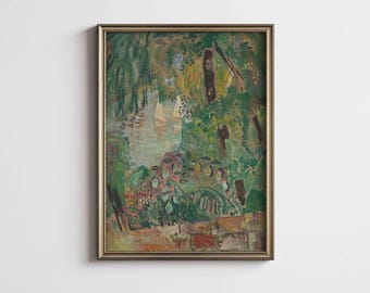 Puede incluir: Una pintura impresionista de una escena de jardín con un río y veleros. La obra de arte presenta una variedad de verdes, marrones y toques de rosa y blanco. La pintura está enmarcada en un marco de color dorado.