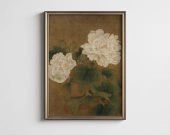 Arte murale antica con ibisco bianco botanico / Decorazione floreale vintage in stile cottage / Arte murale con/senza cornice