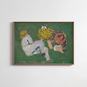 May include: Abstract painting in a gold frame. The artwork depicts two figures on a green background. One figure is wearing a yellow hat and a striped shirt. The other figure is wearing a yellow hat and a white outfit. The painting has a textured appearance.