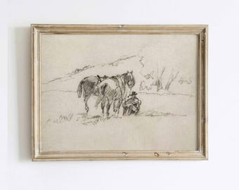 Vintage Western Cowboy Pencil Drawing | Farmhouse Minimalist Art Print Wall Decor | Framed/Unframed Wall Art