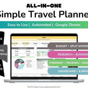 May include: A laptop screen displays a travel planner interface. The image highlights features like budget tracking, itinerary planning, and check-lists. The planner is designed for ease of use and automation, with Google Sheets integration. The text reads "Simple Travel Planner."
