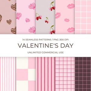 Puede incluir: Una colección de 14 patrones digitales sin costuras con paletas de colores rosa y marrón. Los diseños incluyen cuadros vichy, rayas, lunares, corazones de chocolate, cerezas y labios. Texto: 14 SEAMLESS PATTERNS / PNG 300 DPI VALENTINE'S DAY UNLIMITED COMMERCIAL USE.