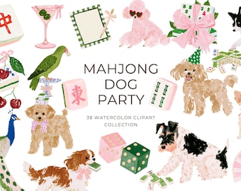 May include: A watercolor clipart collection titled MAHJONG DOG PARTY featuring various dogs, mahjong tiles, a green parrot, cherries, a martini glass, dice, a gift box, and a folding fan. The illustrations are rendered in soft, colorful tones.