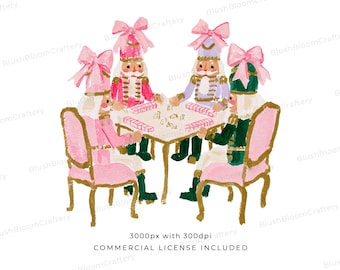 May include: A watercolor illustration of four nutcracker figures sitting at a square table playing a game. Each nutcracker wears a large pink bow on their hat. The figures are dressed in pink, green, and purple uniforms with gold accents.